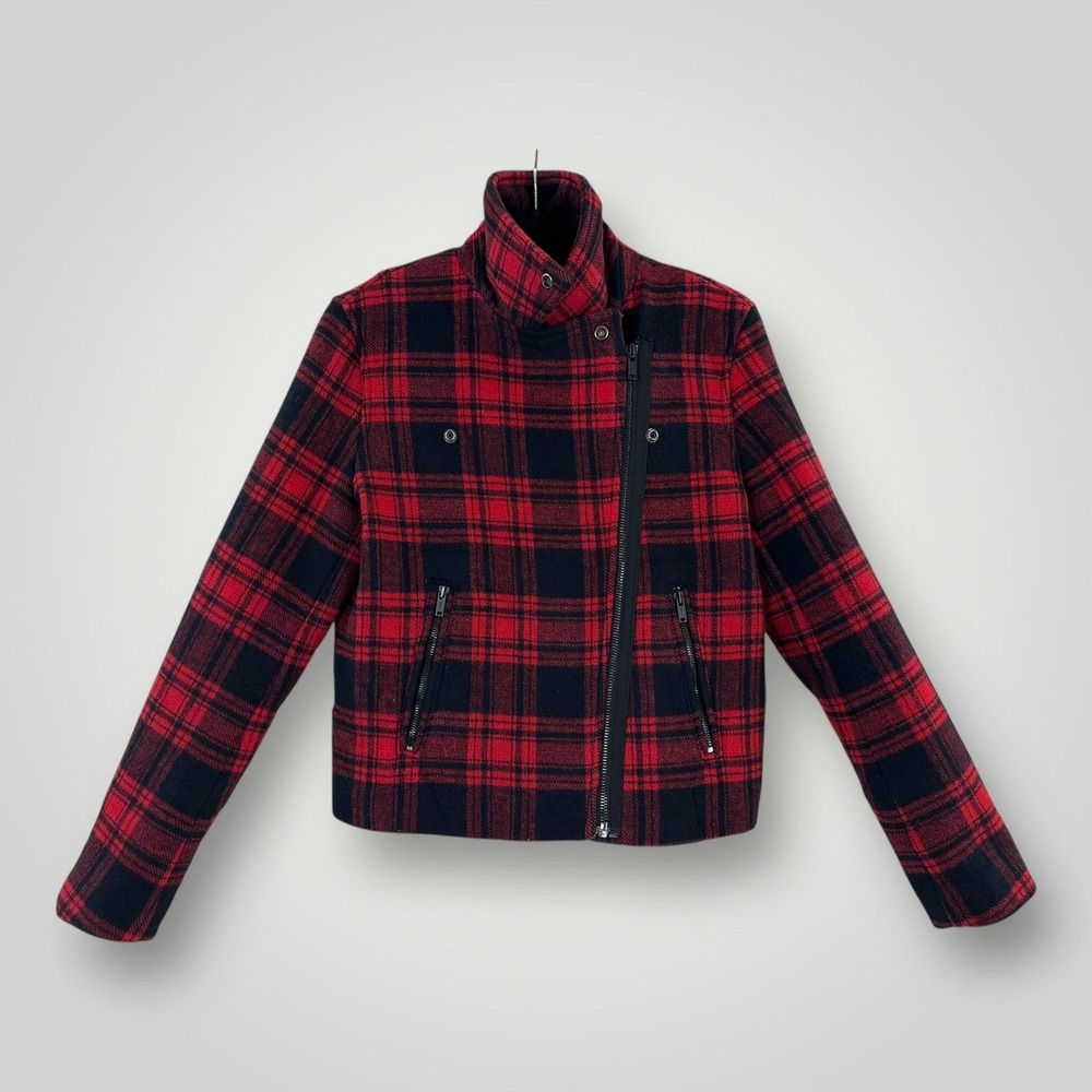 Gap Jacket Womens Medium Red Plaid Wool Blend Moto Biker Zip Pockets Cropped